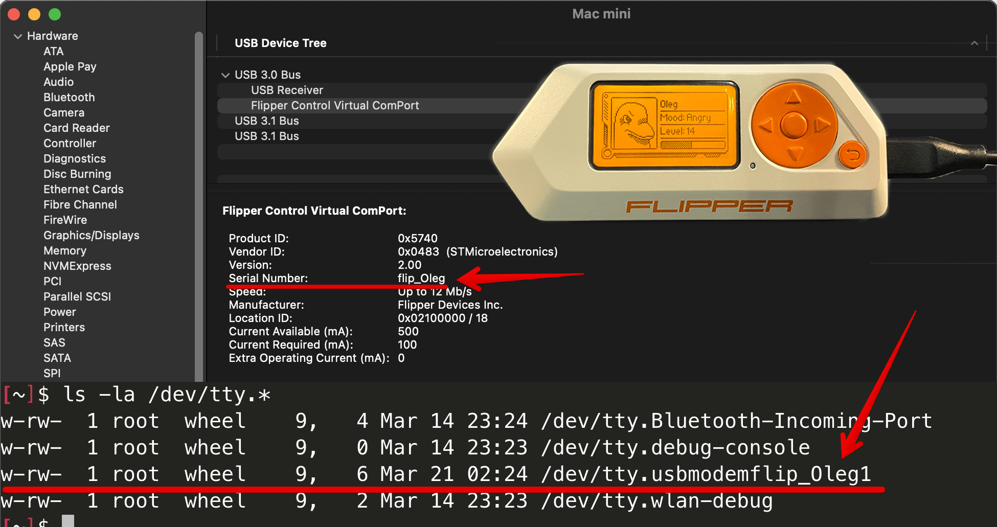 Flipper Zero unique  USB port name in macOS