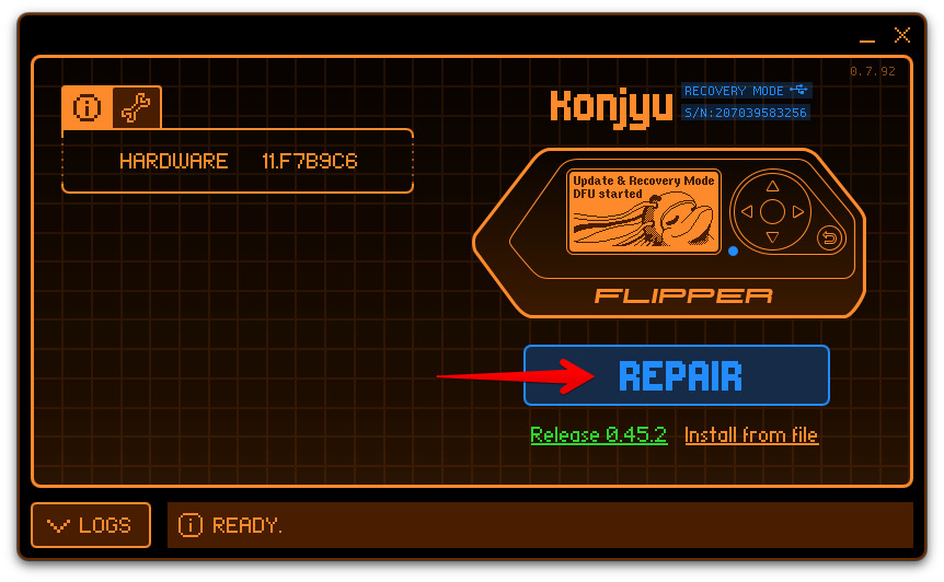 The qFlipper utility automatically detects Flipper Zero in DFU mode