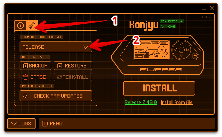 Selecting a firmware branch in the qFlipper program